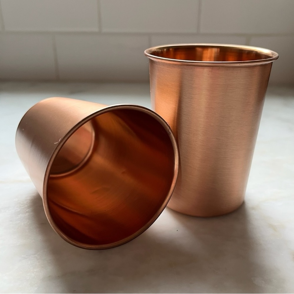 Set of Two Pure Copper Water Cups Matte Finish with Natural Cotton Carry Bags